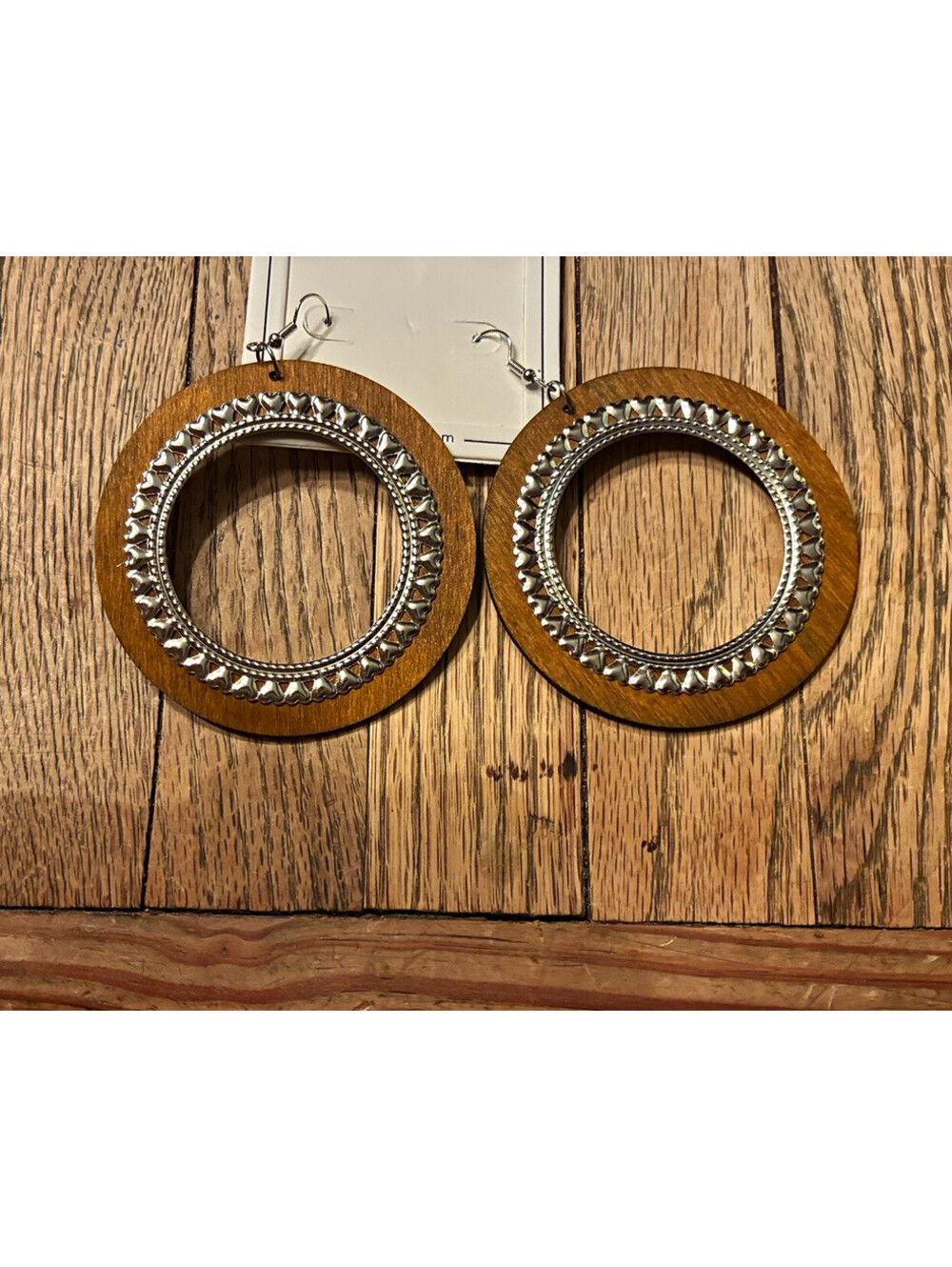 Boho Wood Silver Metal Heart Hoop Drop Earrings NWT Large Circle